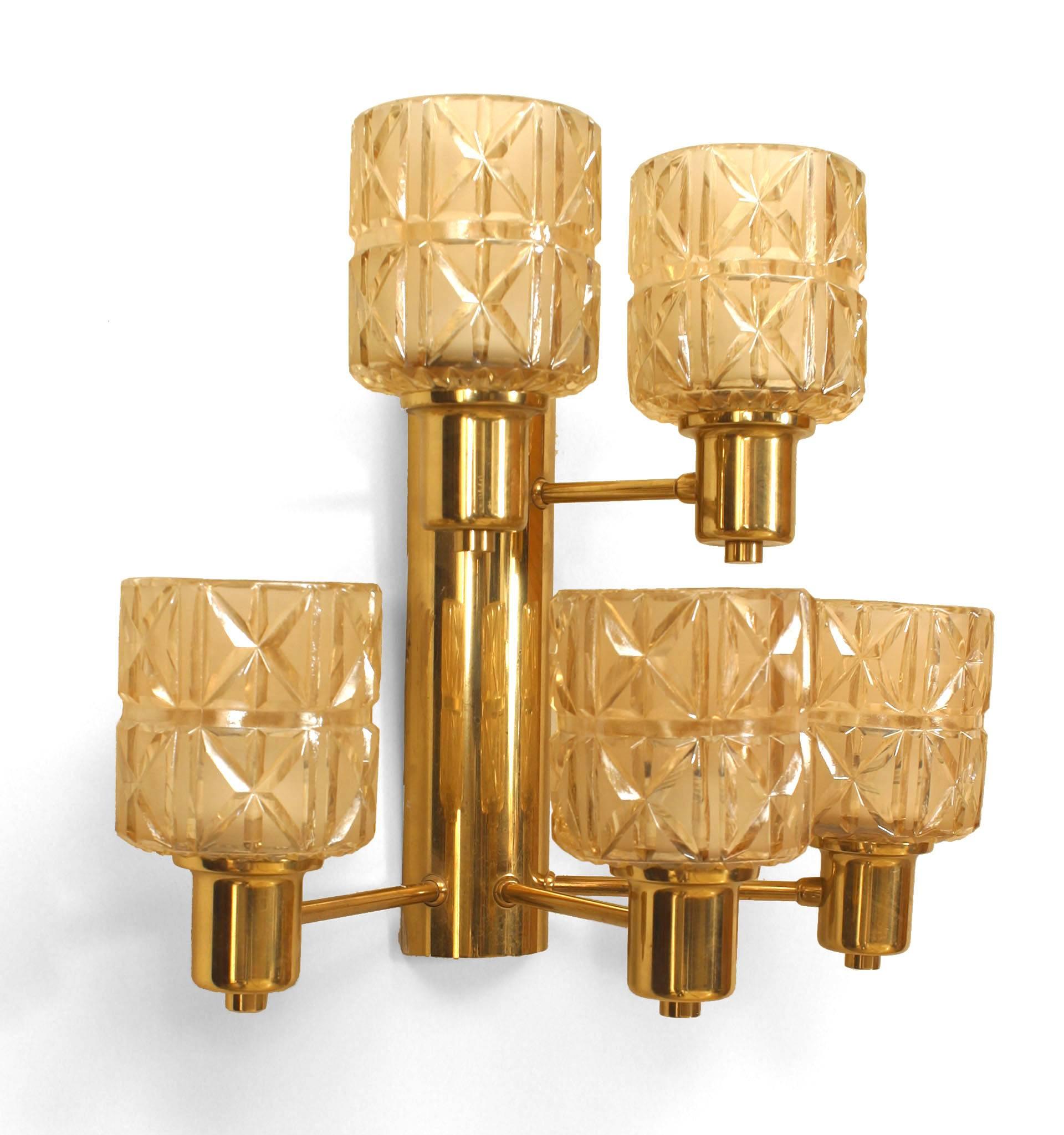 Pair of Hans Agne Jakobsen Swedish Mid-Century Brass and Glass Wall Sconces In Good Condition For Sale In New York, NY