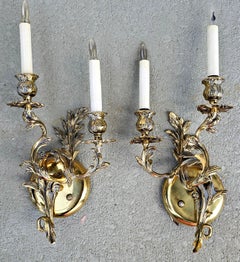 Pair of Swedish Victorian Rococo Style Brass Two Light Wall Sconces