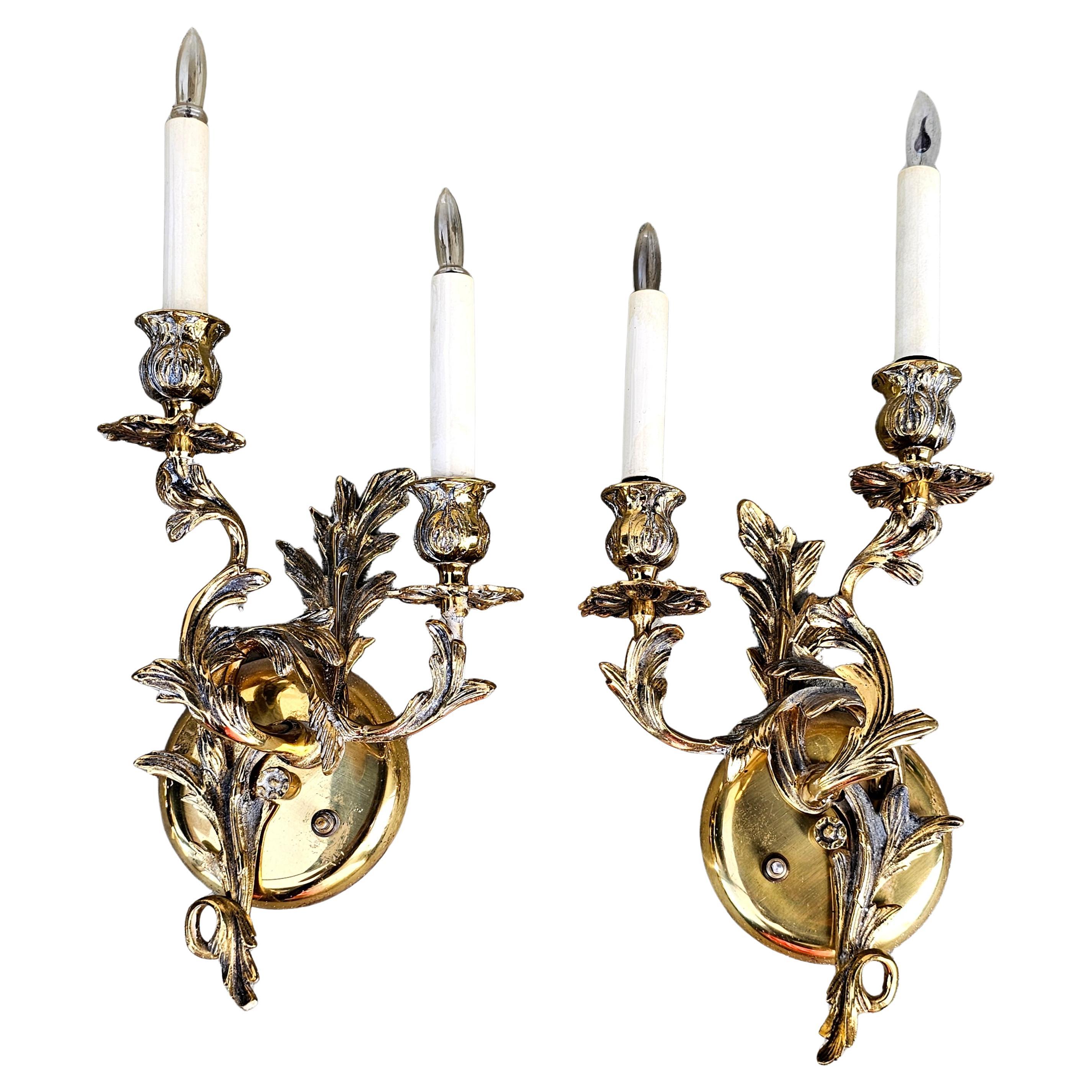 Pair of Swedish Victorian Rococo Style Brass Two Light Wall Sconces