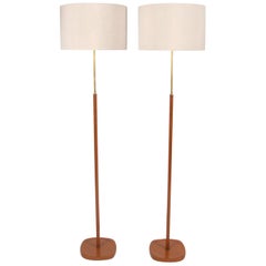 Pair of Swedish Vintage 1960s Tan Stitched Leather Floor Lamps