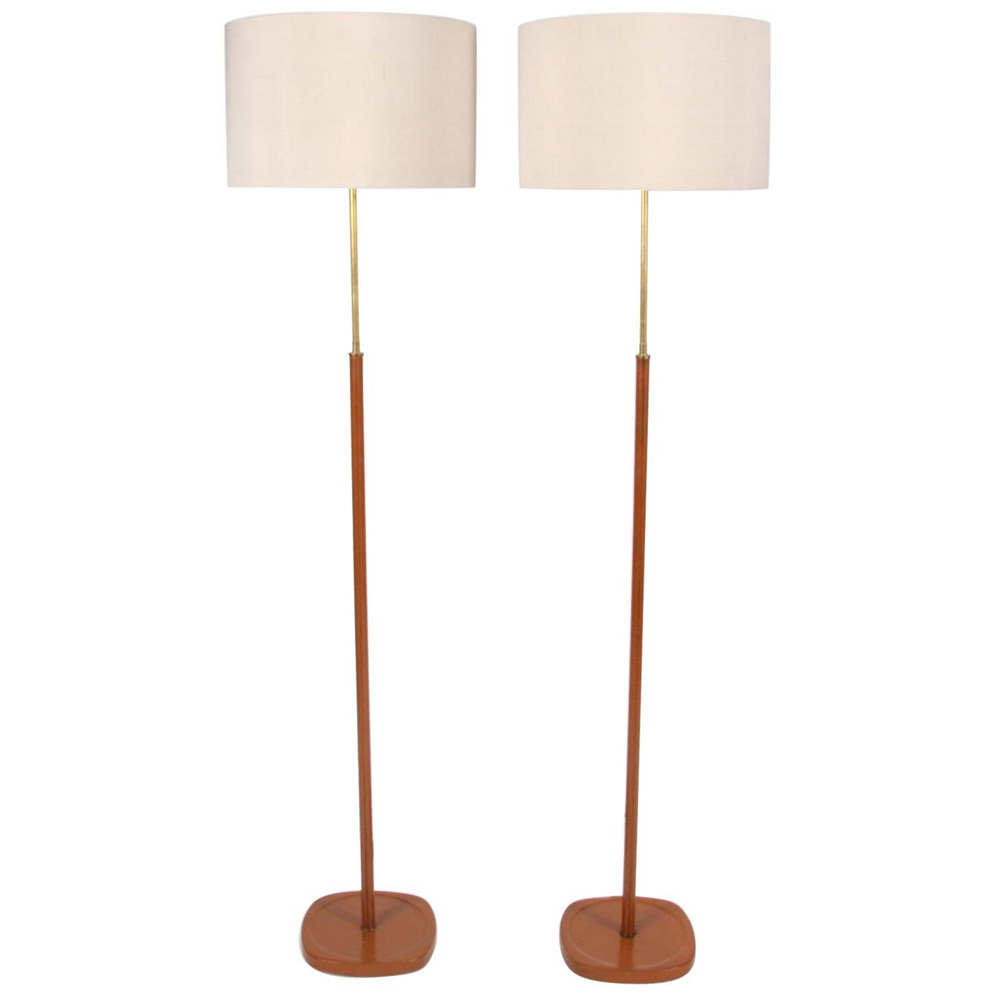 Pair of Swedish Vintage 1960s Tan Stitched Leather Floor Lamps For Sale