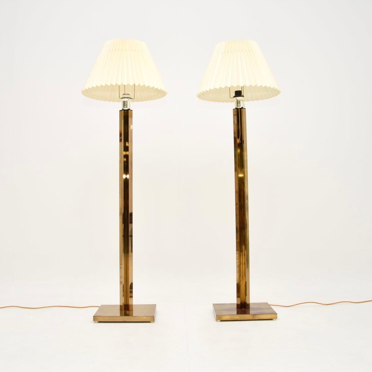 A stunning pair of Swedish vintage brass floor lamps. They were recently imported from Sweden, they date from the 1970’s.

They are of superb quality and are a lovely medium size. The brass frames have a stylish design and a beautiful patina. They