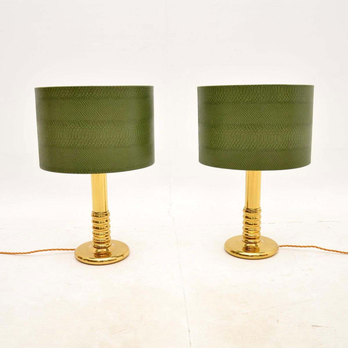 A very stylish and well made pair of Swedish vintage brass table lamps. We have recently imported these from Sweden, they date from around the 1970’s.

They are of excellent quality and have a fantastic design. The solid brass frames are beautifully