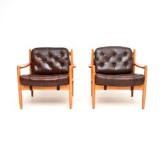 Pair of Swedish Vintage Leather and Birch Armchairs by Ingemar Thillmark for OPE