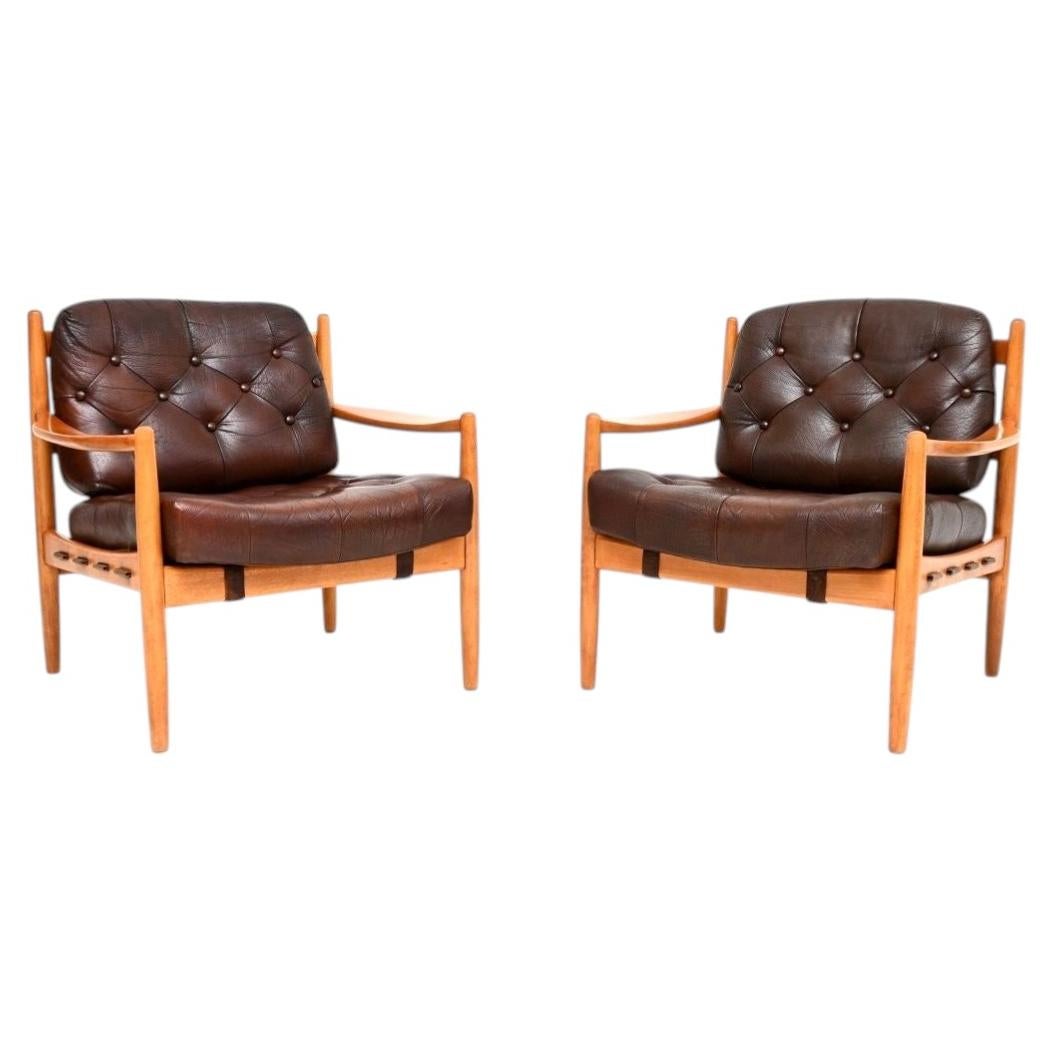 Pair of Swedish Vintage Leather and Birch Armchairs by Ingemar Thillmark for OPE For Sale