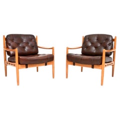 Pair of Swedish Vintage Leather and Birch Armchairs by Ingemar Thillmark for OPE