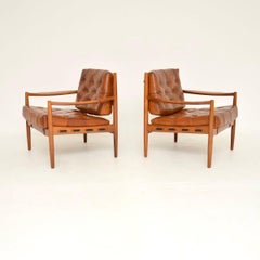 Pair of Swedish Vintage Leather and Walnut Armchairs by Ingemar Thillmark for OP