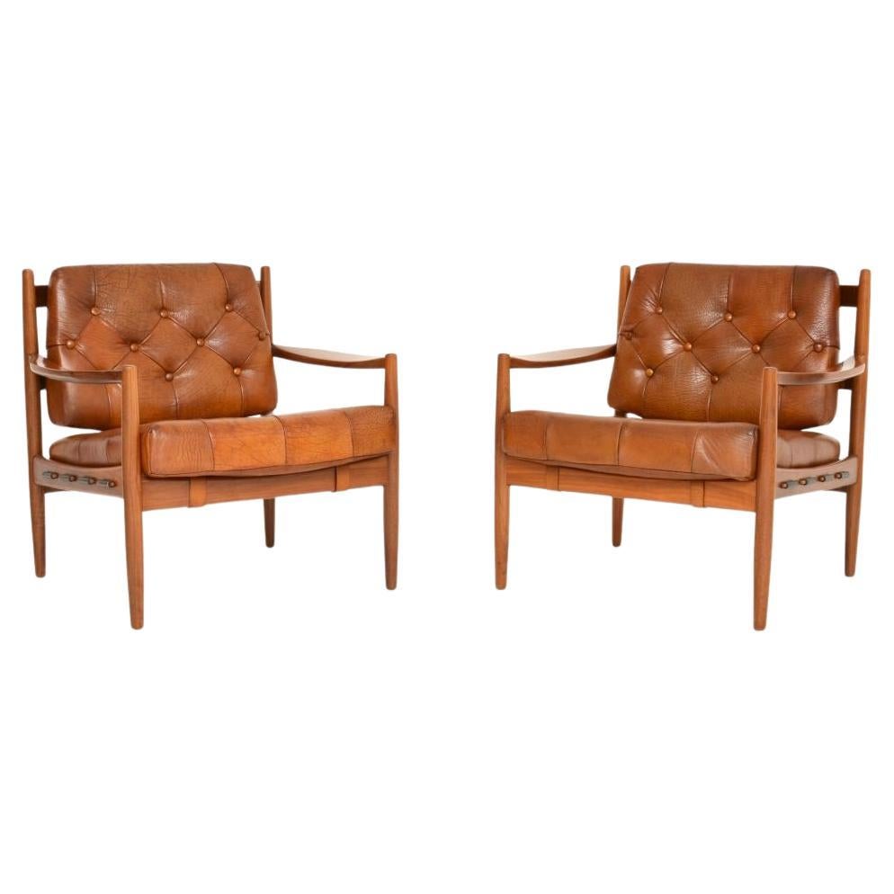 Pair of Swedish Vintage Leather and Walnut Armchairs by Ingemar Thillmark for OP