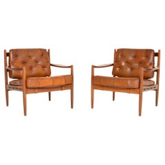 Pair of Swedish Vintage Leather and Walnut Armchairs by Ingemar Thillmark for OP