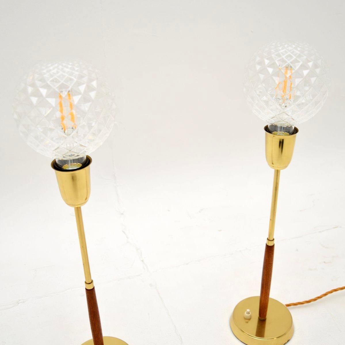 Mid-Century Modern Pair of Swedish Vintage Teak and Brass Table Lamps For Sale