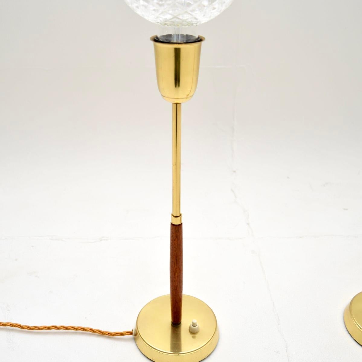 Mid-20th Century Pair of Swedish Vintage Teak and Brass Table Lamps For Sale