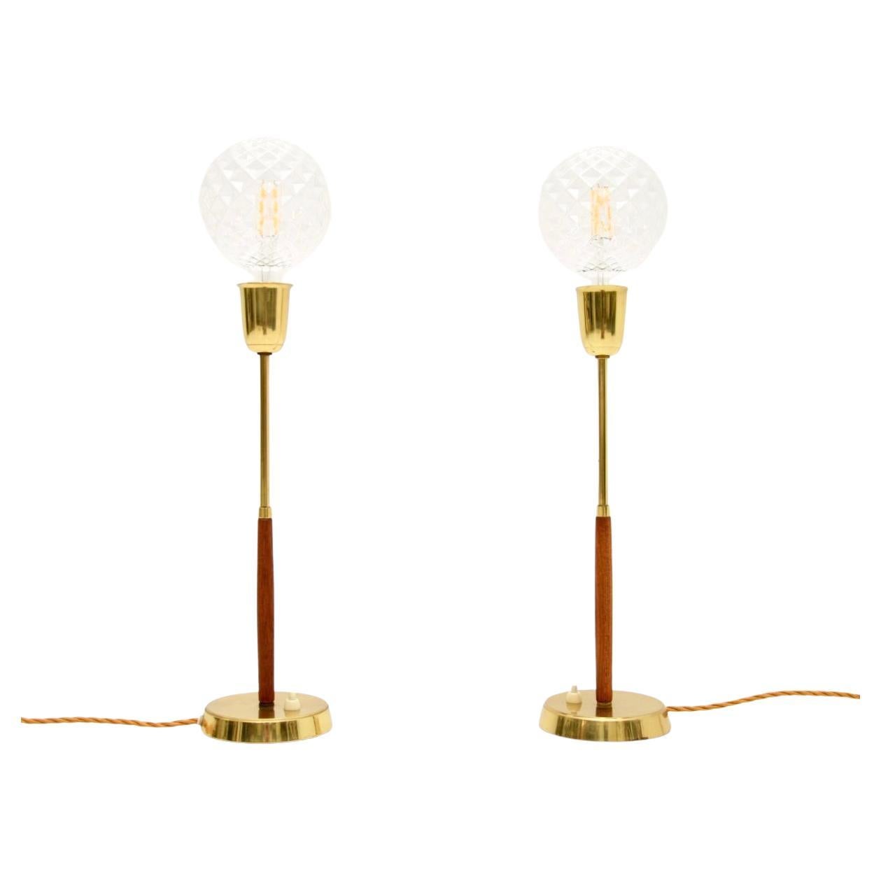 Pair of Swedish Vintage Teak and Brass Table Lamps