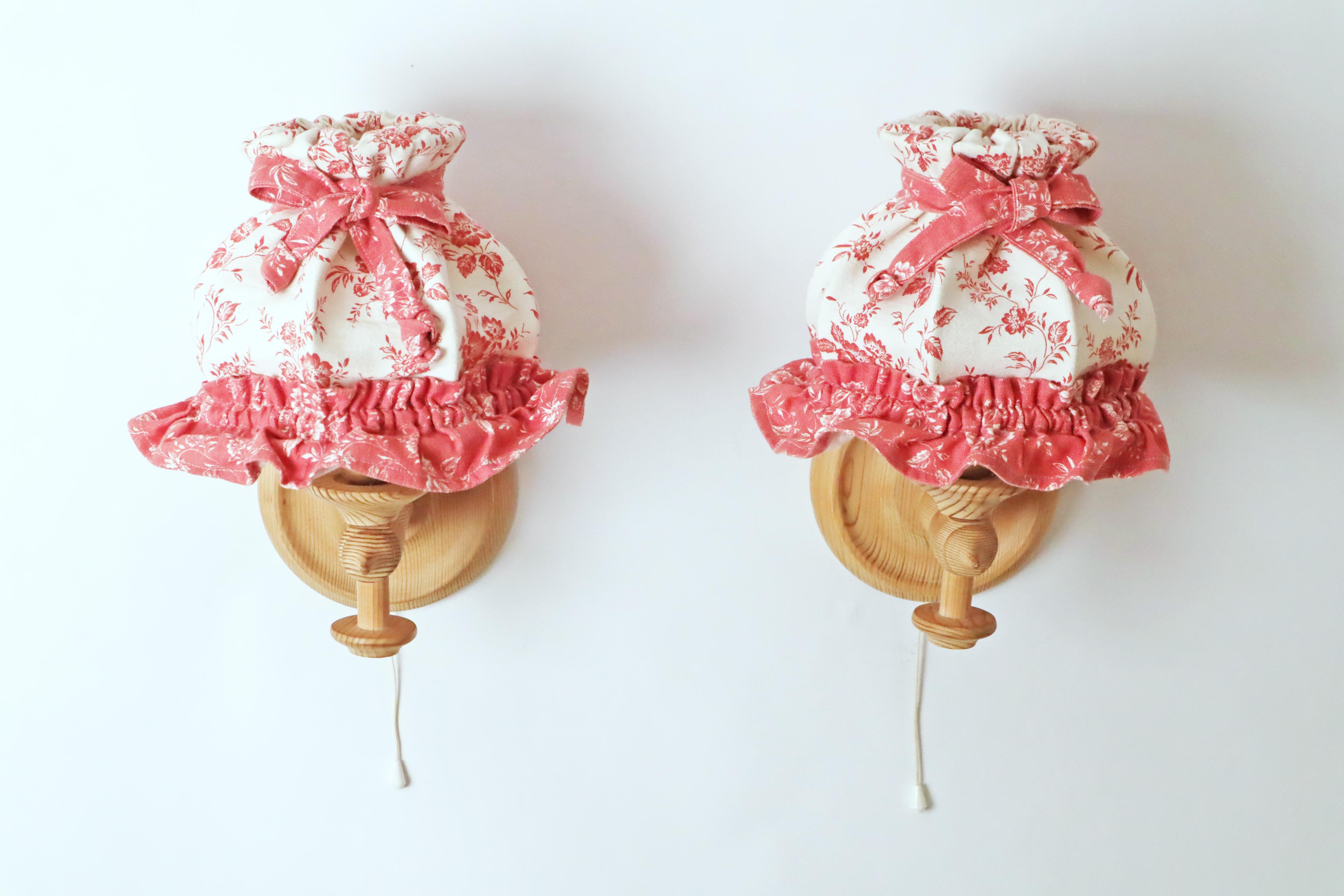 Pair of Swedish Wall Lamps Made of Pinewood and Floral Textile Shade For Sale 5