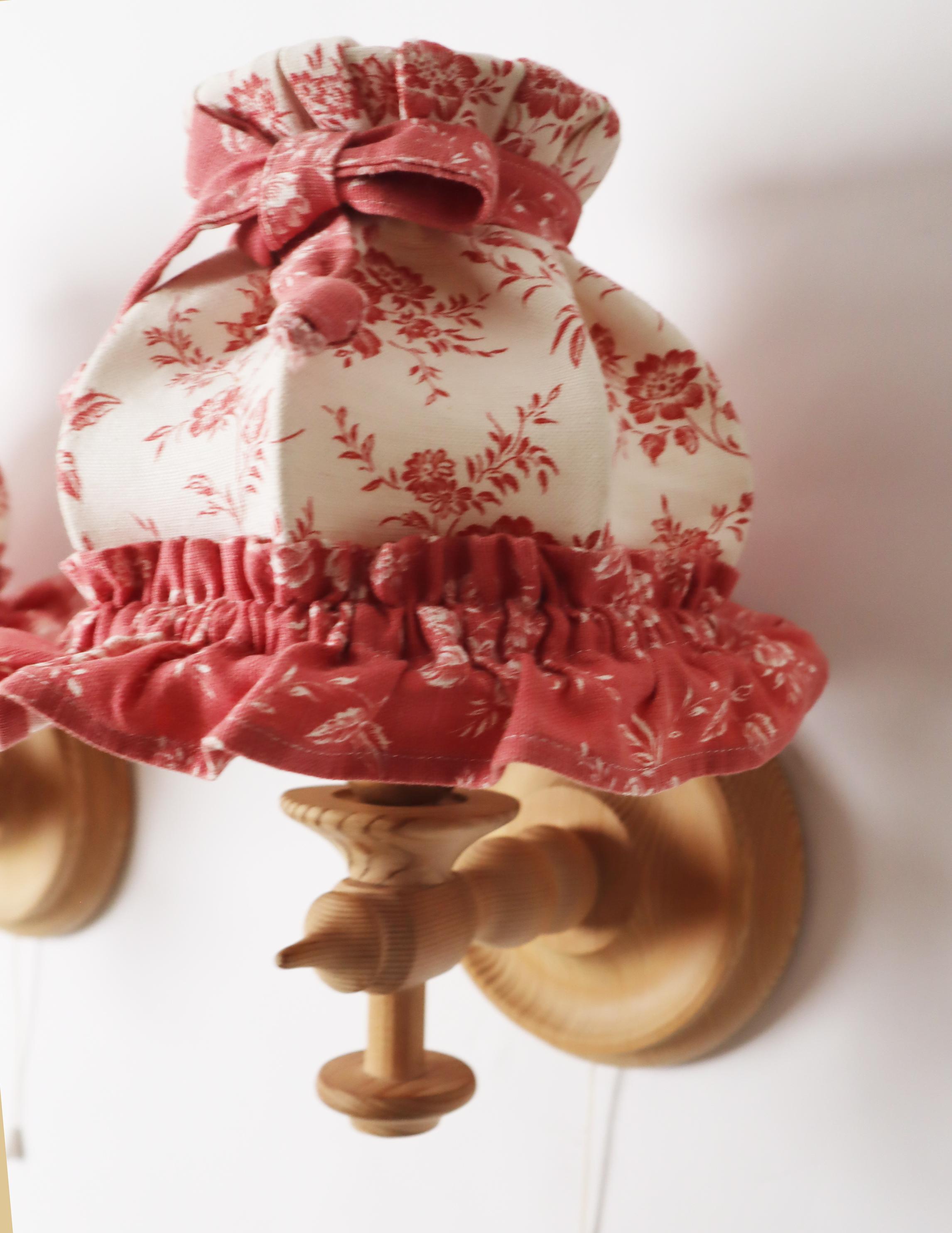 Pair of Swedish Wall Lamps Made of Pinewood and Floral Textile Shade For Sale 12