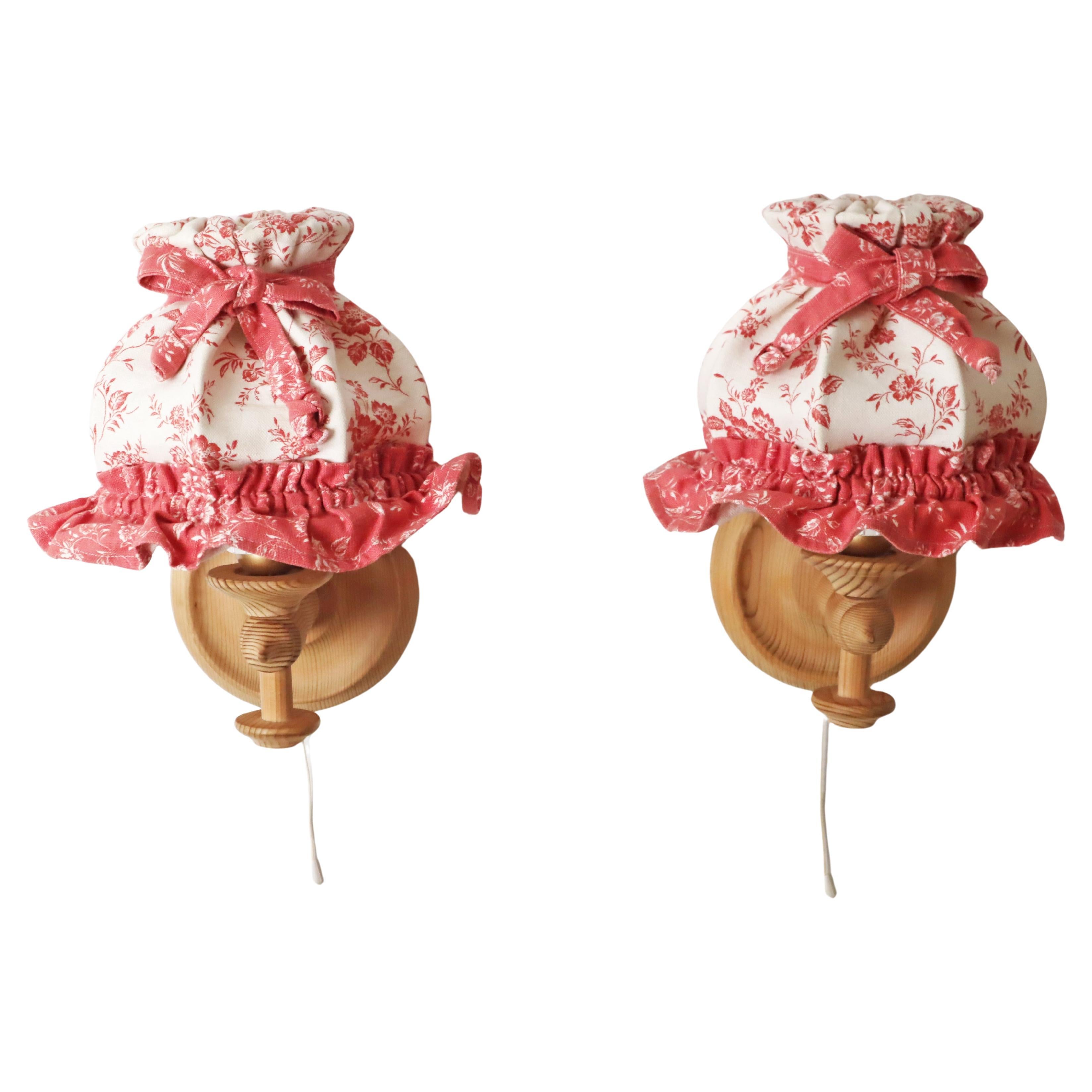 Pair of Swedish Wall Lamps Made of Pinewood and Floral Textile Shade For Sale