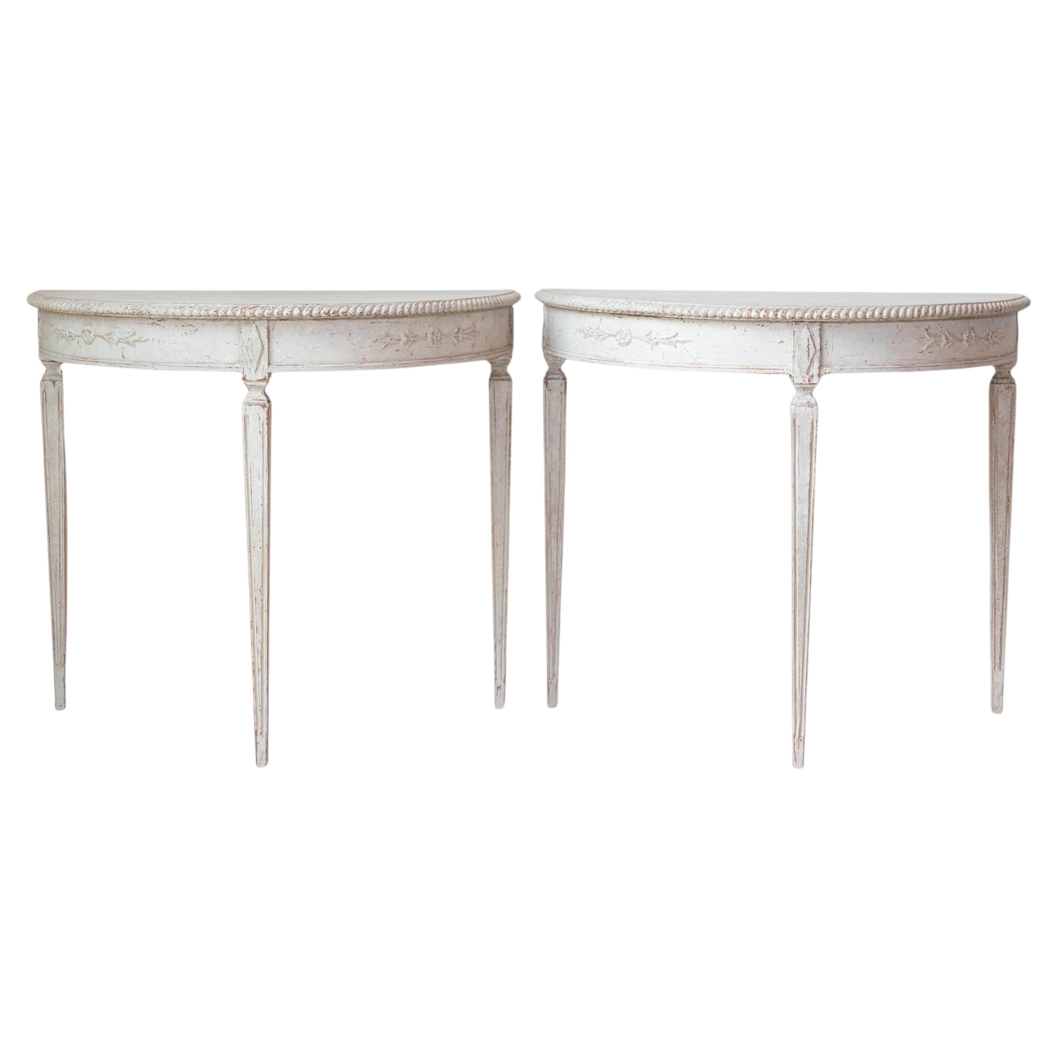 Pair of Swedish White Demi-Lune Tables, circa 1920s