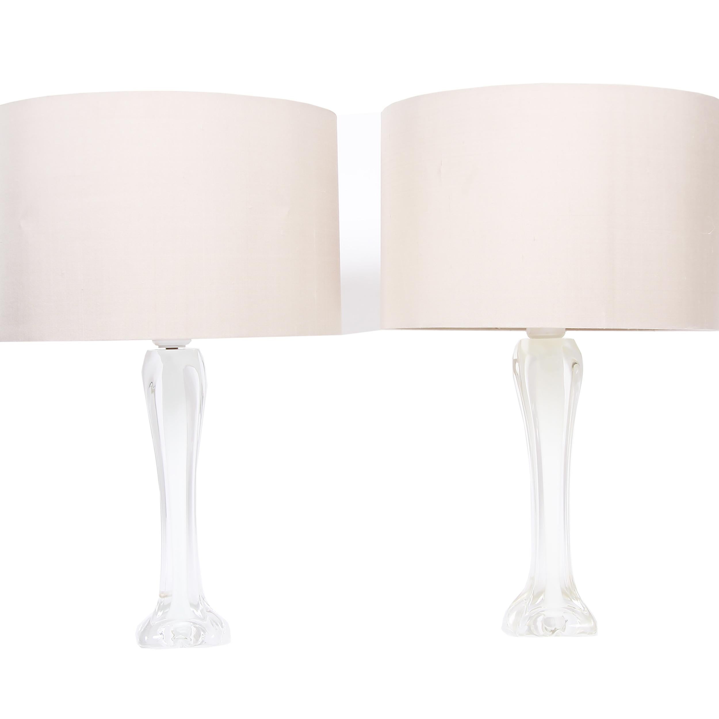 Beautiful pair of white glass Flygsfors lamps, stamped and signed. Pictured with bespoke, handmade, silk shades. Rewired with twisted silk flex and PAT tested for UK, Europe or USA. Made in Sweden in the 1960s.