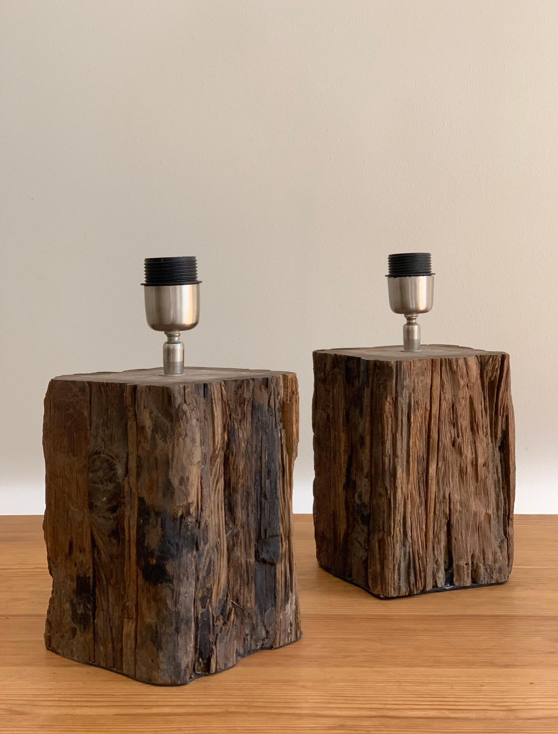 Scandinavian Modern Pair of Swedish Wooden Brutalistic Lamps