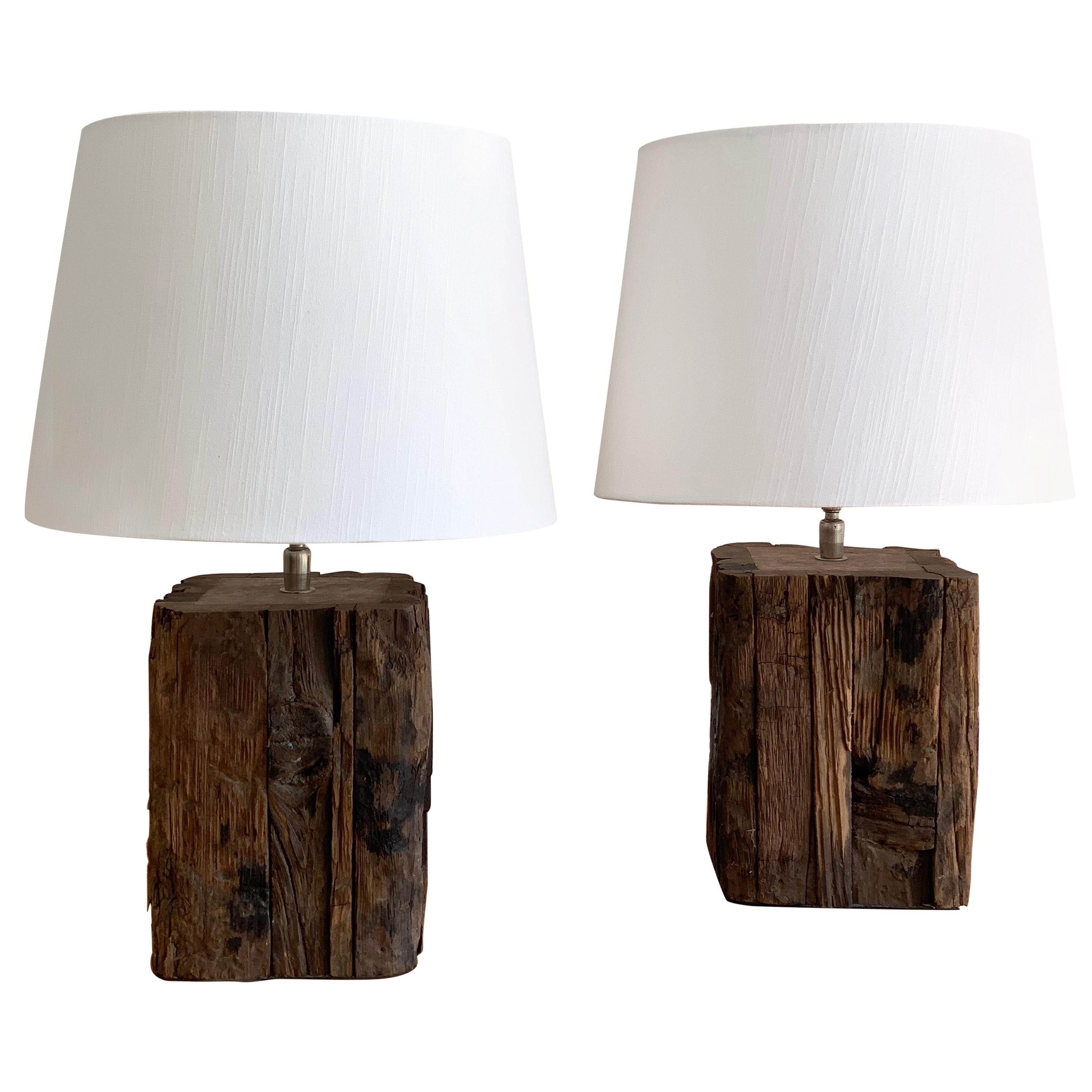 Pair of Swedish Wooden Brutalistic Lamps