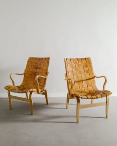 Paire de fauteuils Eva suédois en bouleau et cuir par Bruno Mathsson, années 1970