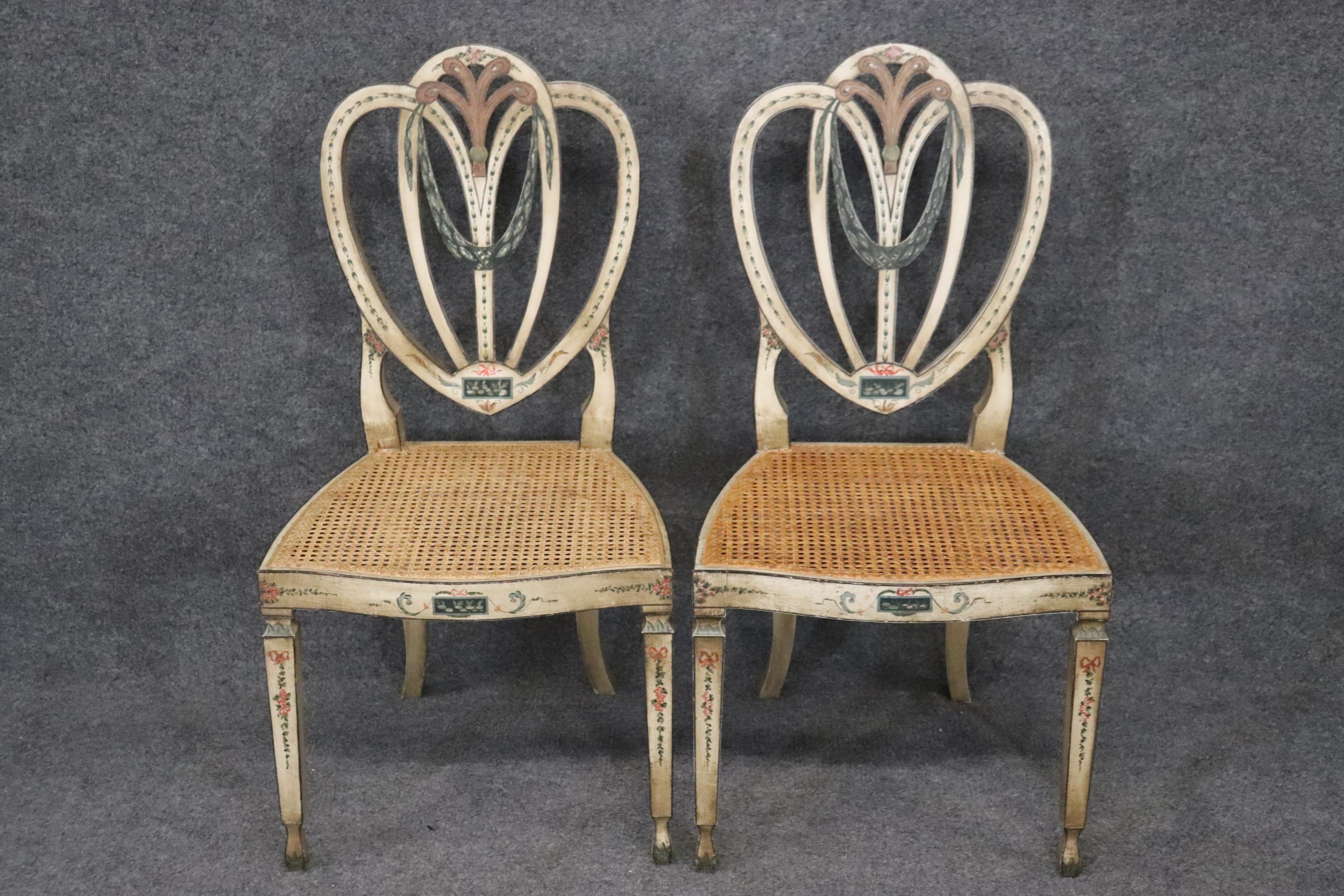 Adam Style Pair of Sweetheart Back Cane Paint Decorated Adams Side Chairs Circa 1920