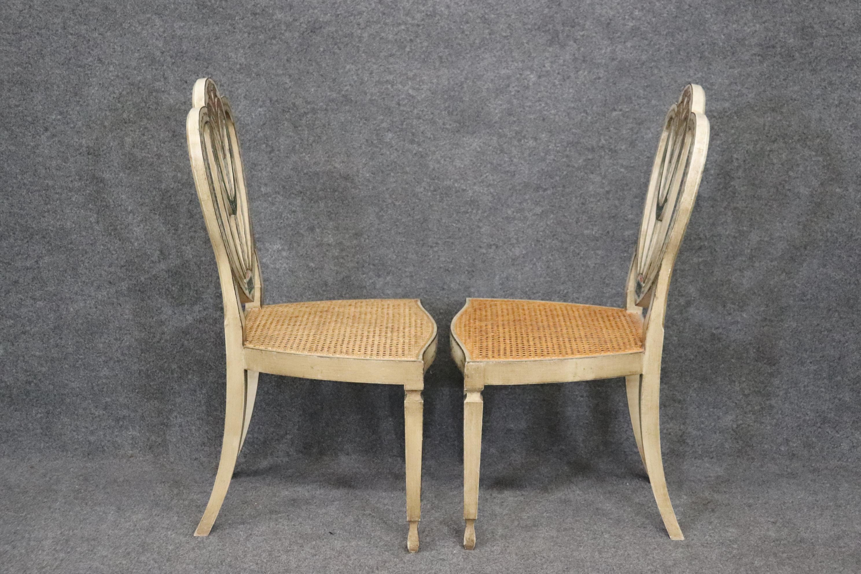 Early 20th Century Pair of Sweetheart Back Cane Paint Decorated Adams Side Chairs Circa 1920