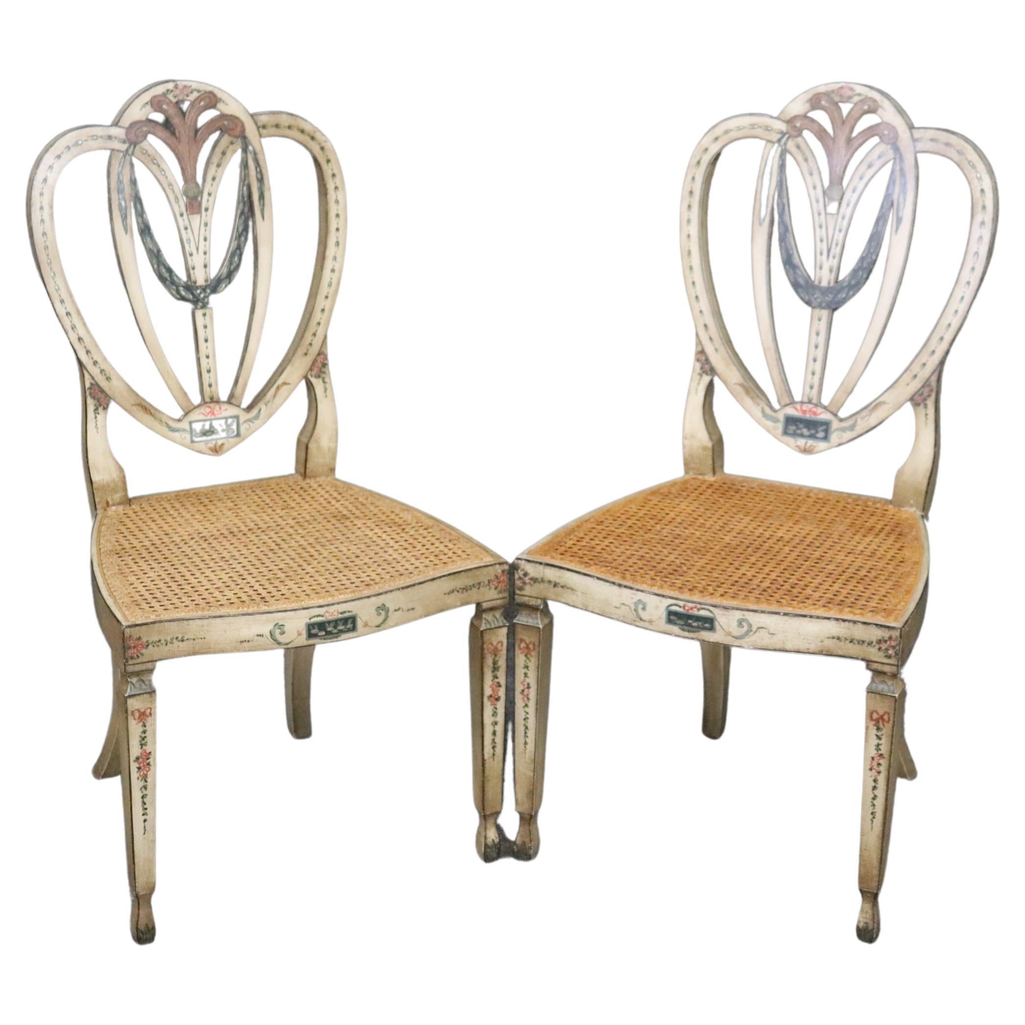 Pair of Sweetheart Back Cane Paint Decorated Adams Side Chairs Circa 1920 For Sale