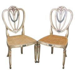 Pair of Sweetheart Back Cane Paint Decorated Adams Side Chairs Circa 1920