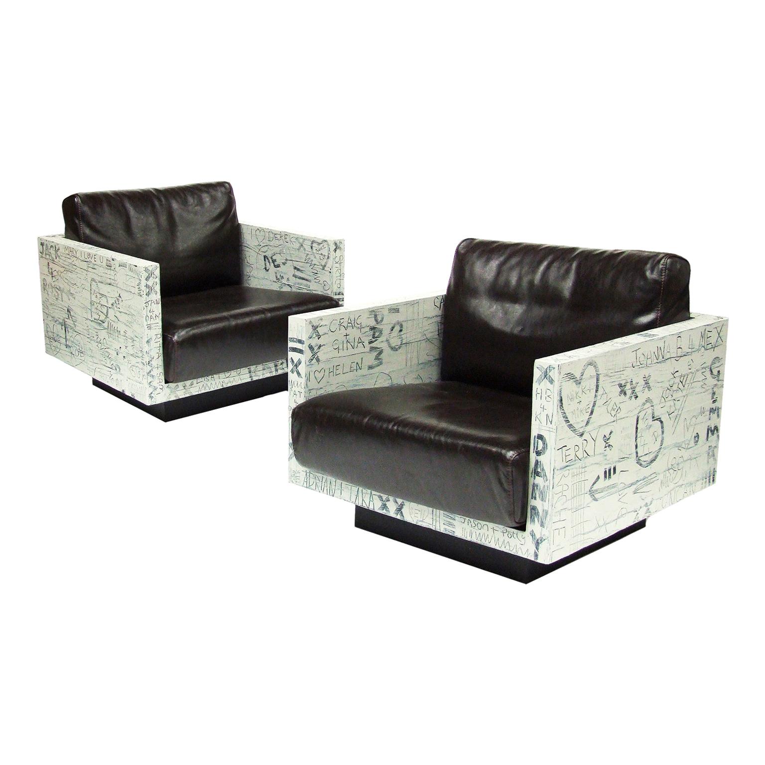 Pair of Sweetheart Graffiti Leather Armchairs Bespoke Art Furniture