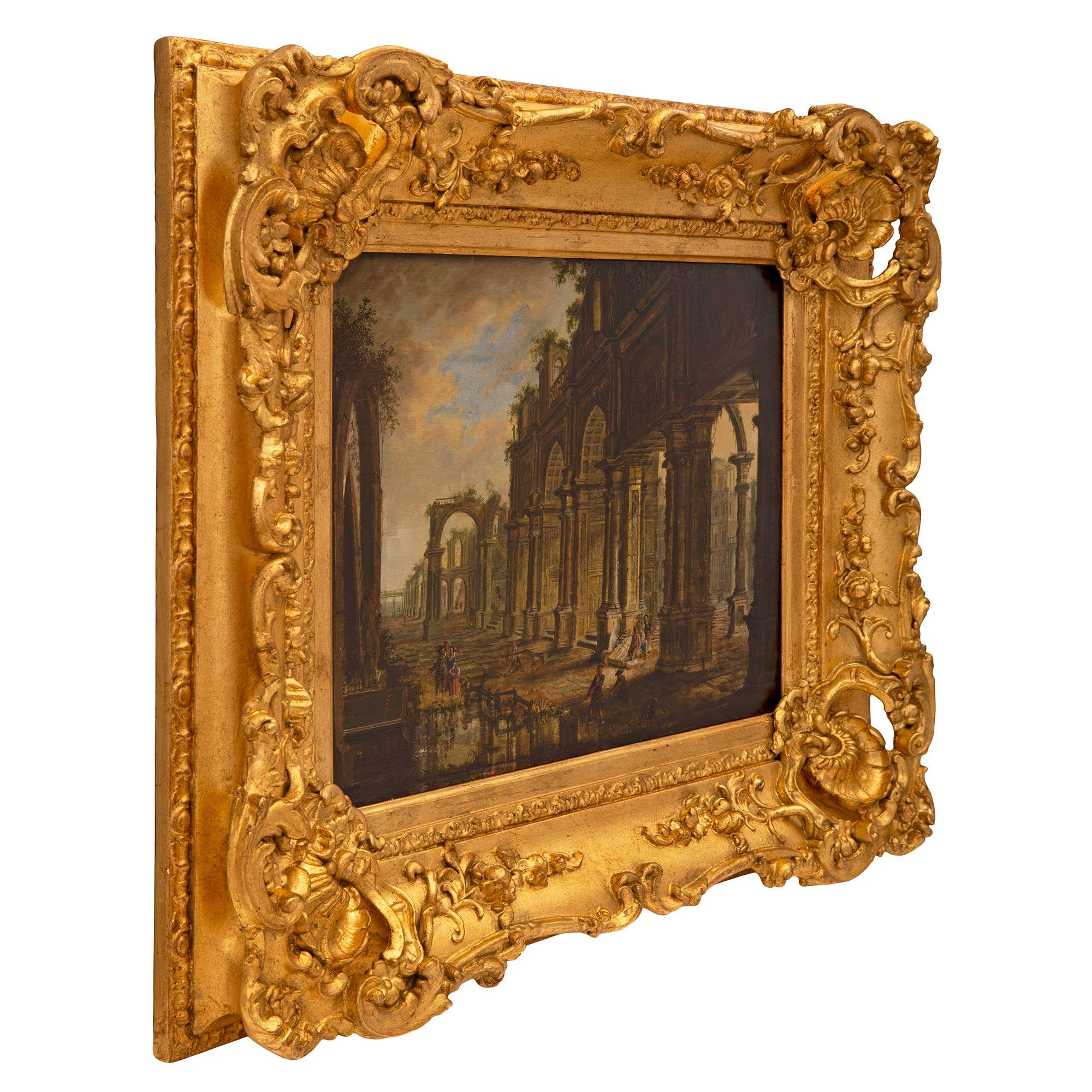 A stunning and exceptionally well executed pair of Swiss 18th century Baroque st. oil on oak paintings by Christian Stocklin. Each Architectural Capriccios painting depicts superb finely detailed ruins with exceptional architectural elements,