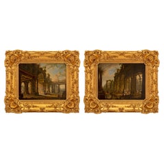 Antique Pair of Swiss 18th Century Baroque St. Oil on Oak Paintings