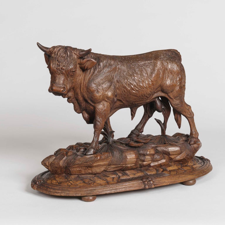 Pair of Swiss 19th Century Carved Wooden Cattle Attributed to Johann