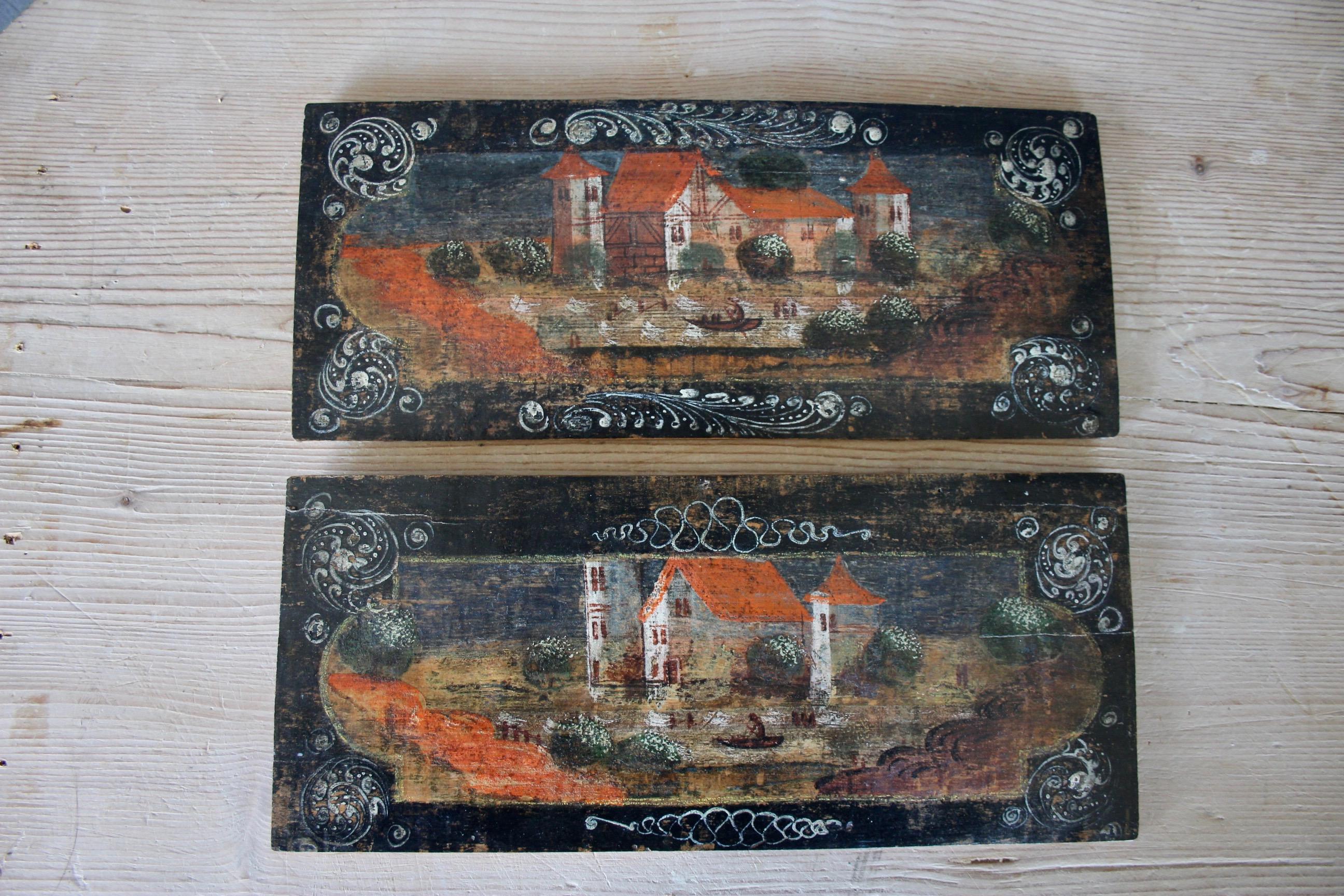Pair of Swiss alp painted wall decoration