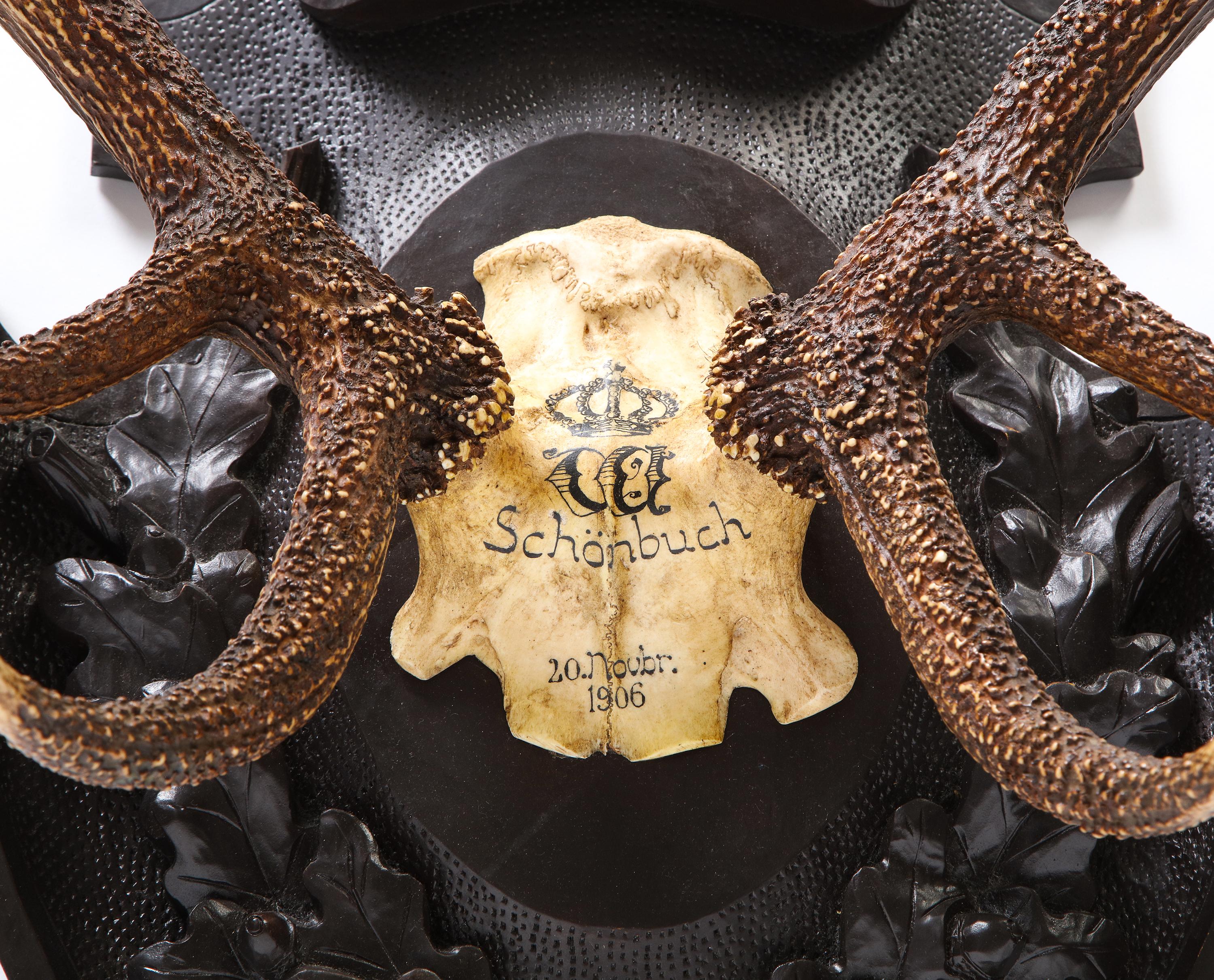 Pair of Swiss 'Black Forest' Antler Carved Trophy Mounts, Dated 1906 and 1906 For Sale 7
