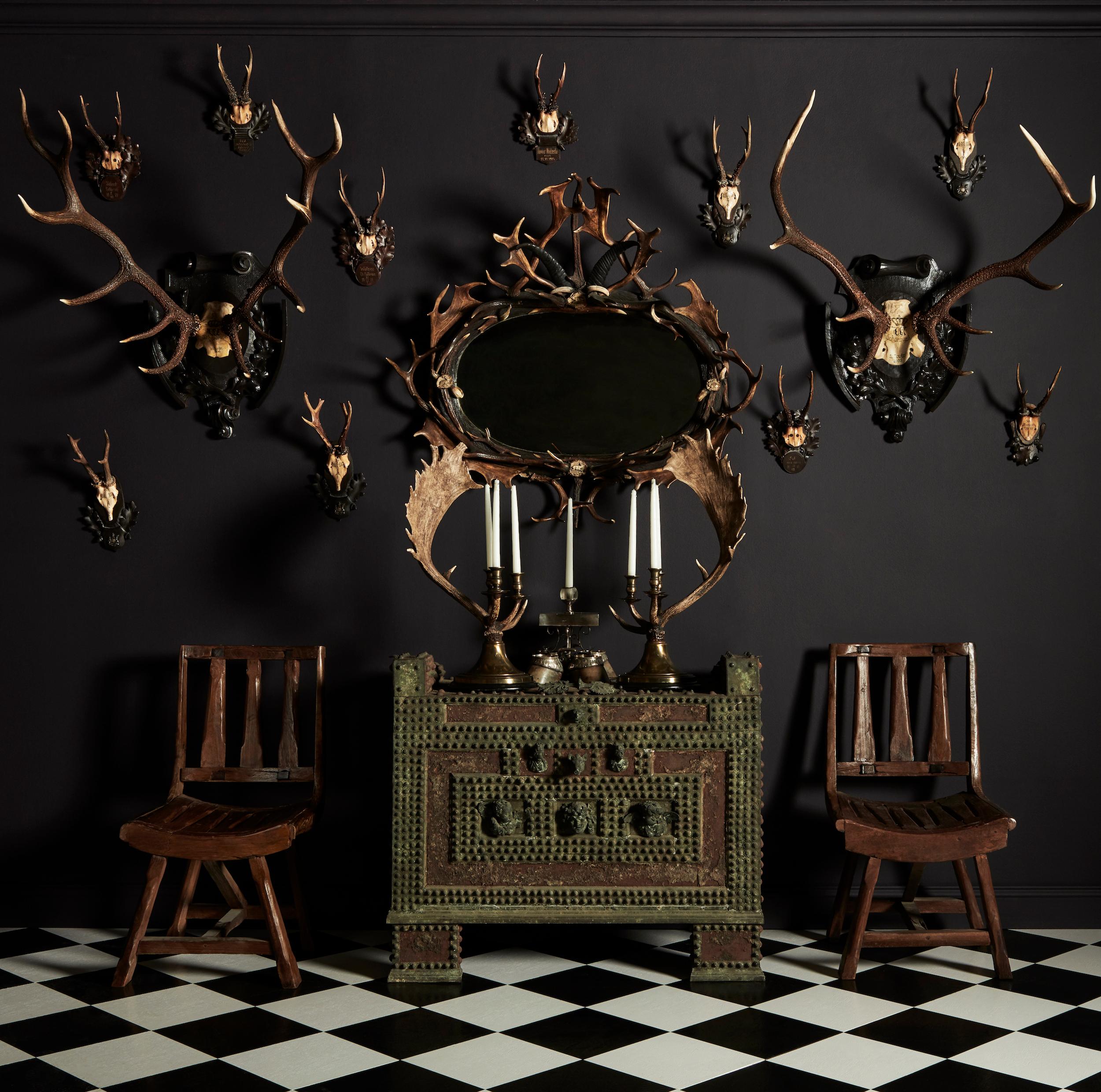 Early 20th Century Pair of Swiss 'Black Forest' Antler Carved Trophy Mounts, Dated 1906 and 1906 For Sale