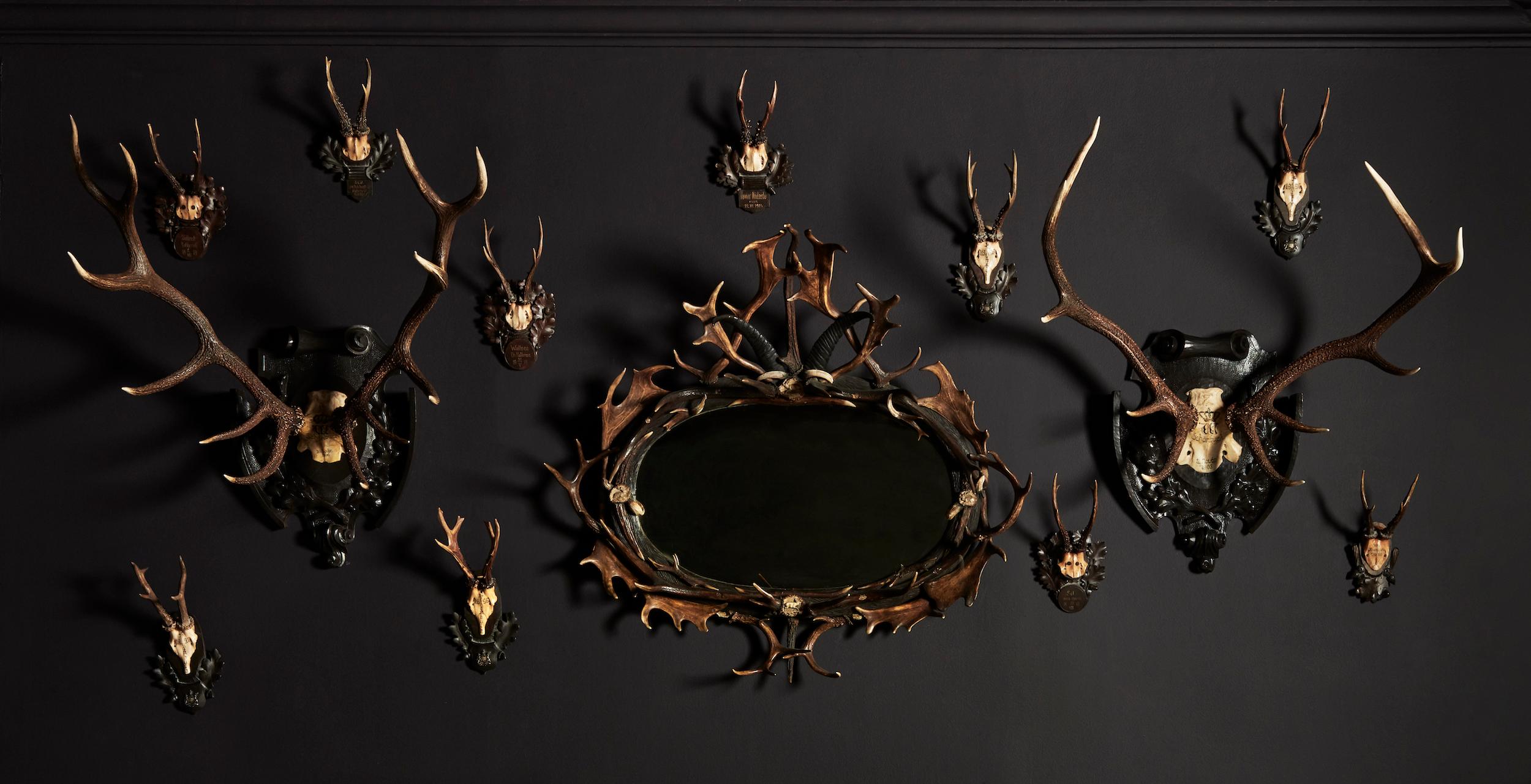 Pair of Swiss 'Black Forest' Antler Carved Trophy Mounts, Dated 1906 and 1906 For Sale 1