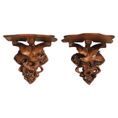 Antique Pair of Swiss Carved Walnut Black Forest Eagle Wall Brackets, Circa 1900