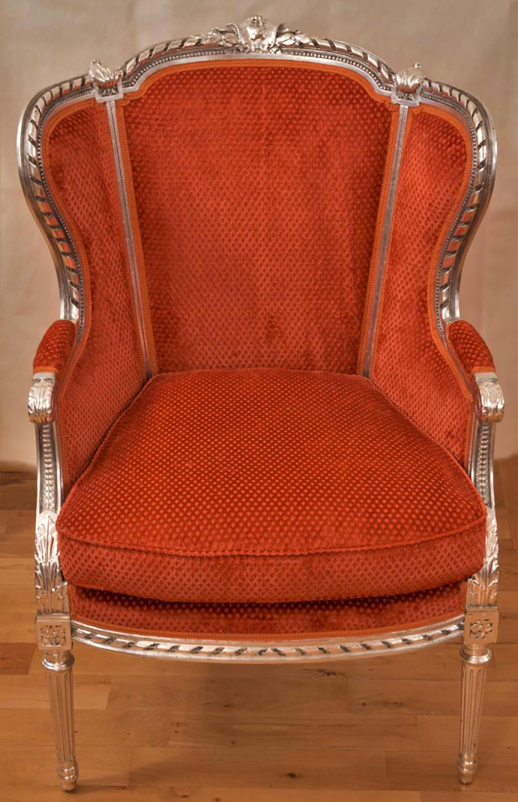 Pair of Swiss, French Armchairs, Louis XV Style, Rococo, Silvered, Brown-Red For Sale 4