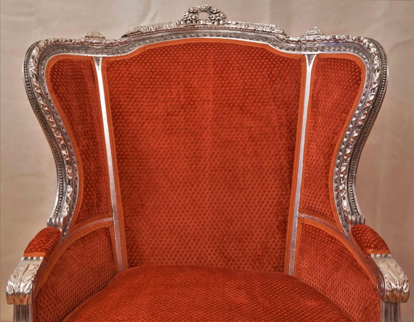 Pair of Swiss, French Armchairs, Louis XV Style, Rococo, Silvered, Brown-Red For Sale 7
