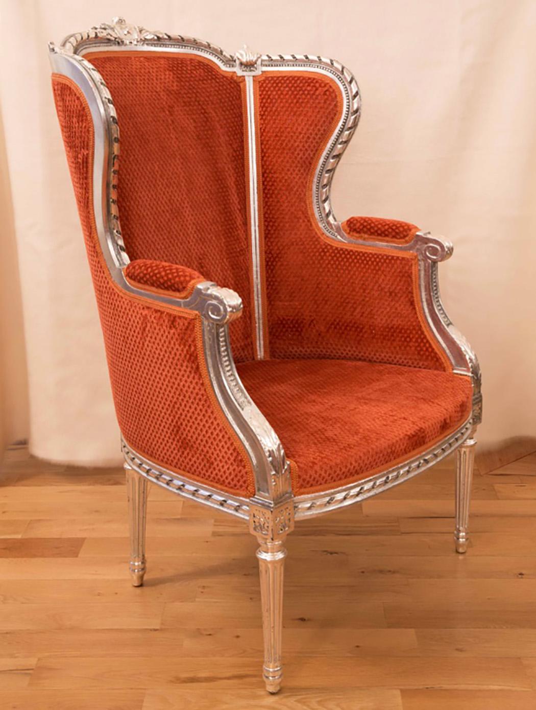 Carved Pair of Swiss, French Armchairs, Louis XV Style, Rococo, Silvered, Brown-Red For Sale