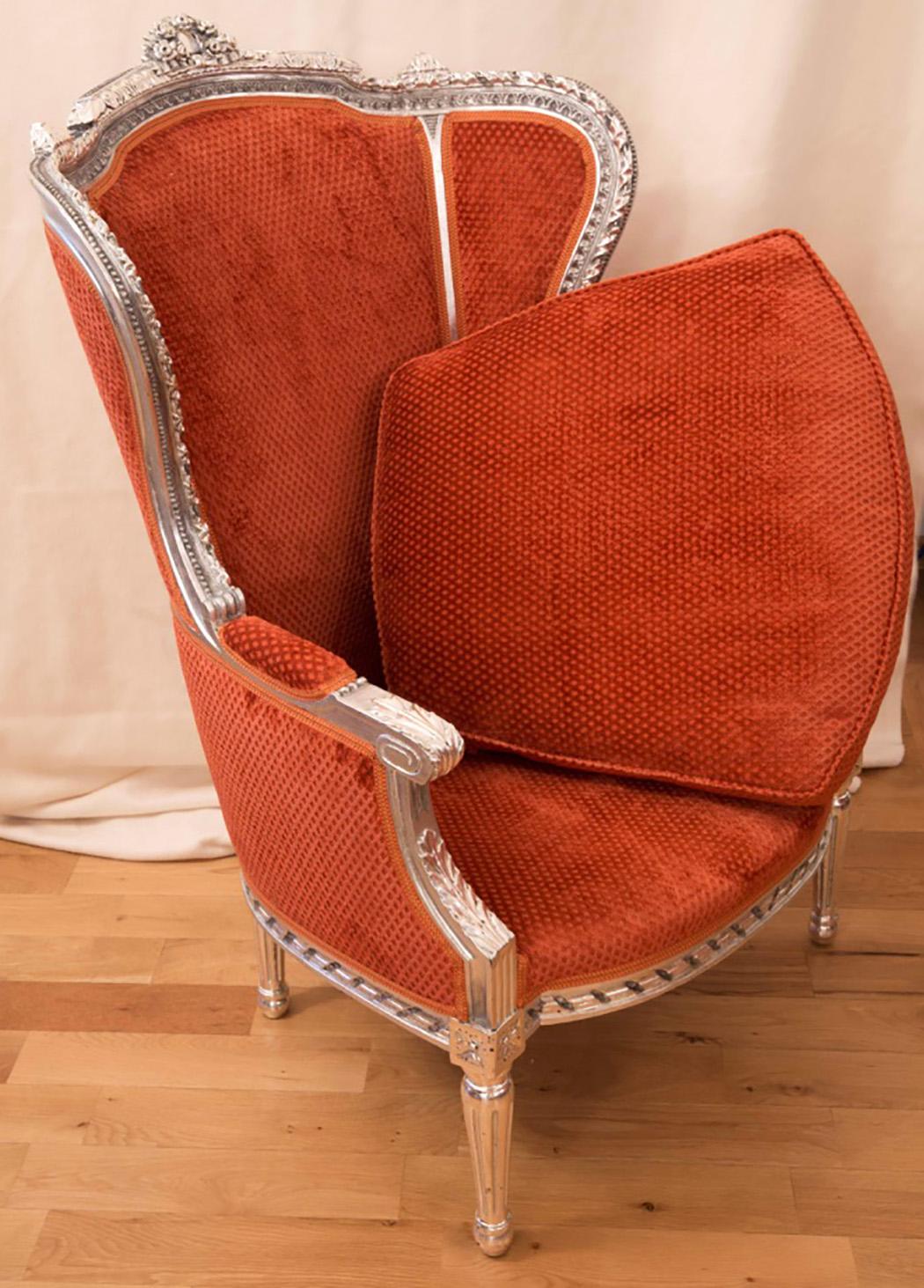 20th Century Pair of Swiss, French Armchairs, Louis XV Style, Rococo, Silvered, Brown-Red For Sale