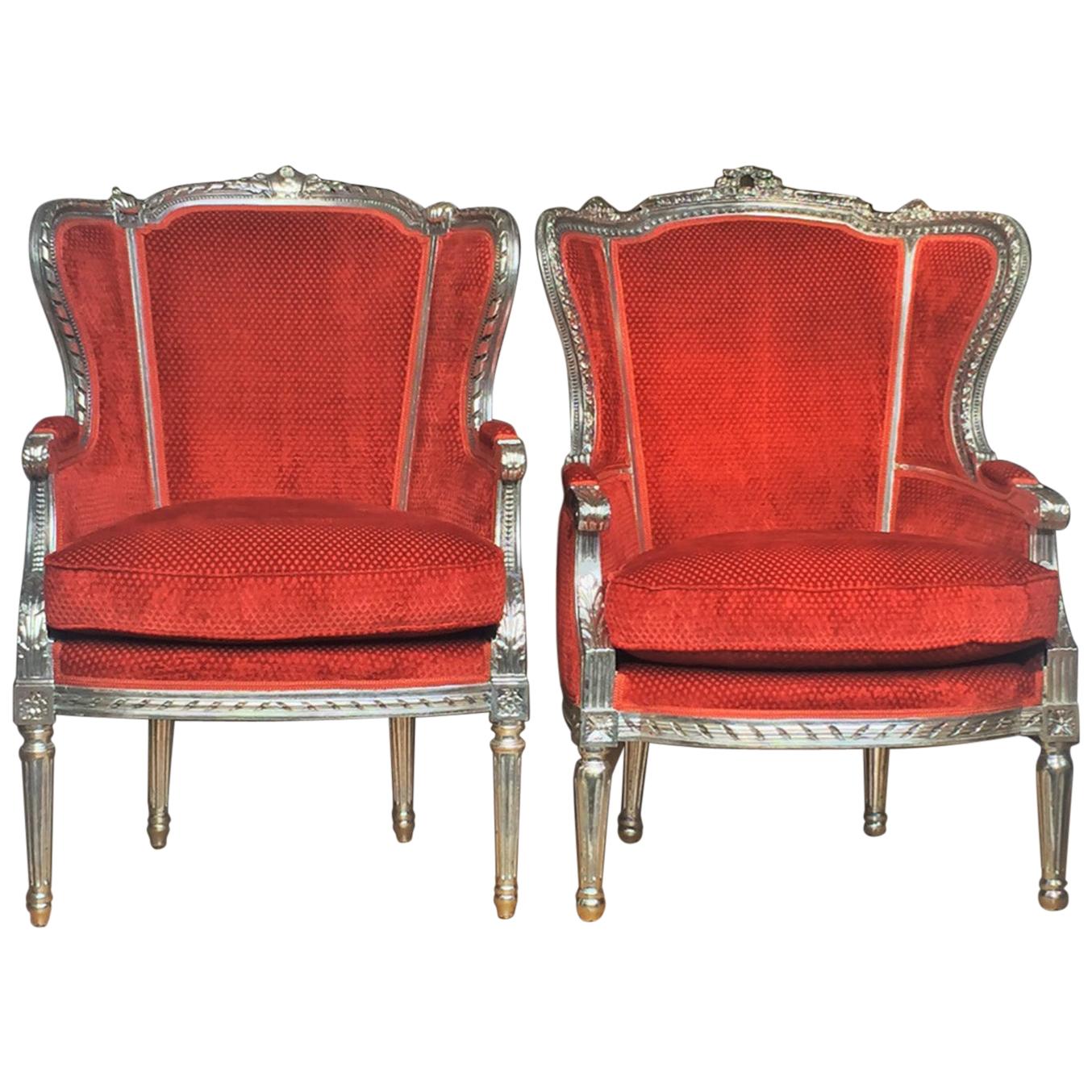 Paar Schweizer, französische Sessel, Louis XV.-Stil, Rokoko, versilbert, braun-rot