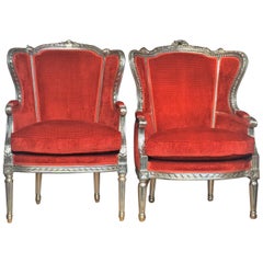 Pair of Swiss, French Armchairs, Louis XV Style, Rococo, Silvered, Brown-Red
