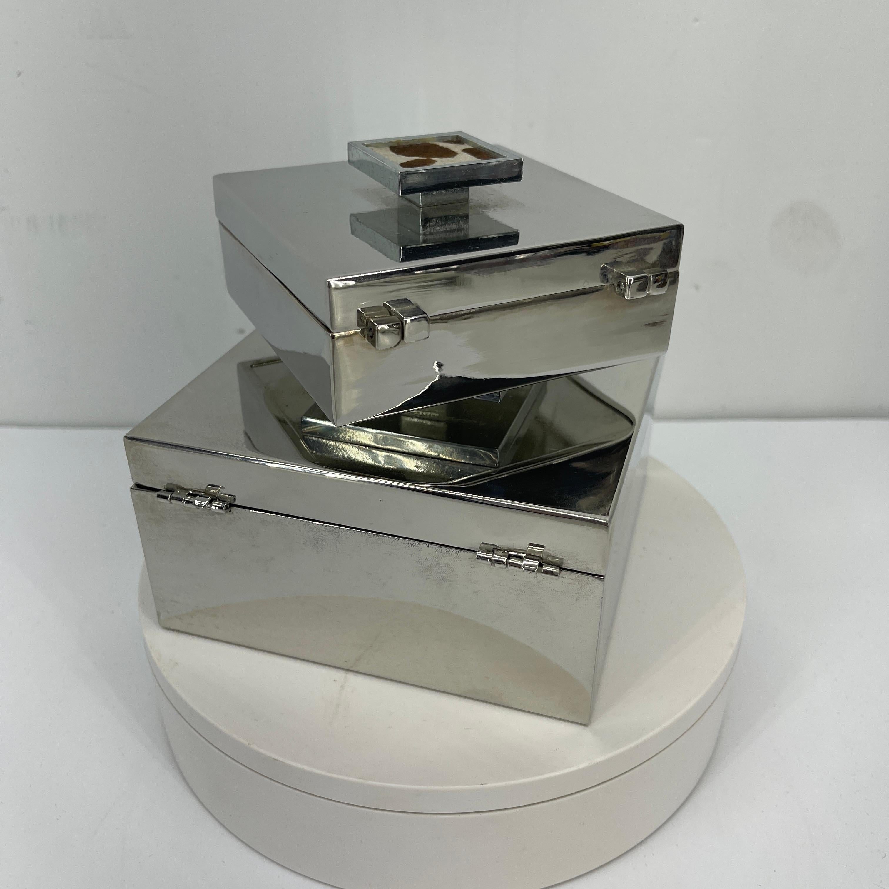 Post-Modern Pair of Swiss Hans Turnwald Chrome Boxes with Fur Inlaid Knob Top