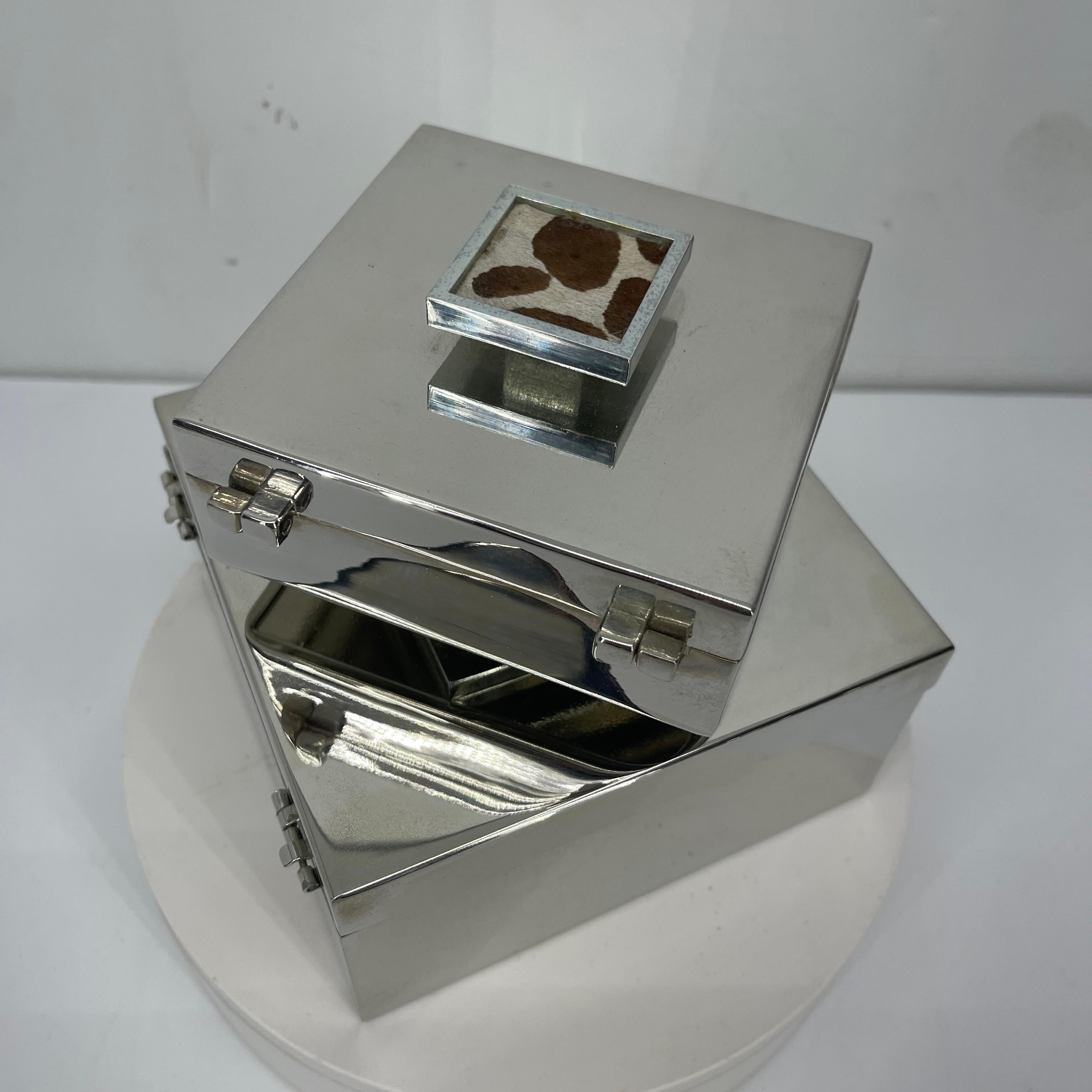 Polished Pair of Swiss Hans Turnwald Chrome Boxes with Fur Inlaid Knob Top