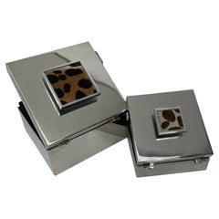 Pair of Swiss Hans Turnwald Chrome Boxes with Fur Inlaid Knob Top