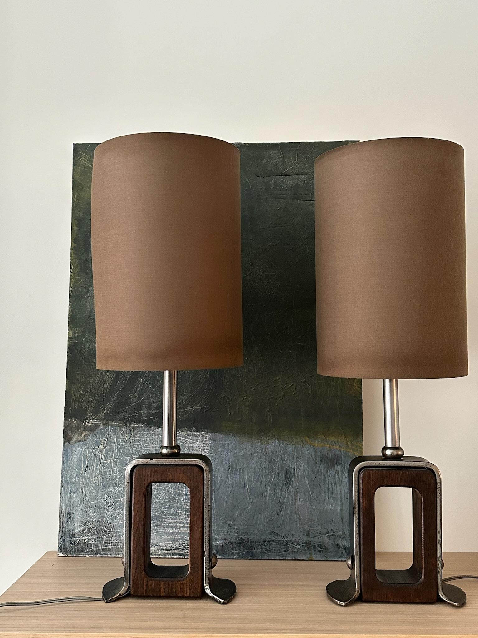 Pair of Swiss Metal and Wood Table Lamps In Good Condition In New York, NY