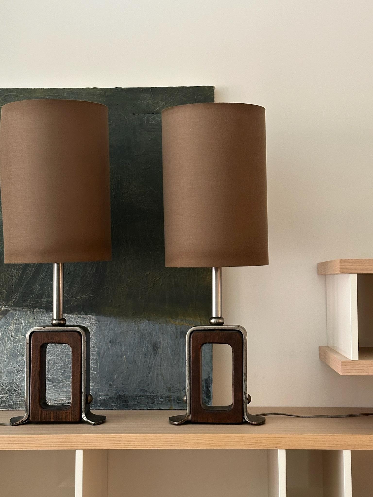 Pair of Swiss Metal and Wood Table Lamps 1