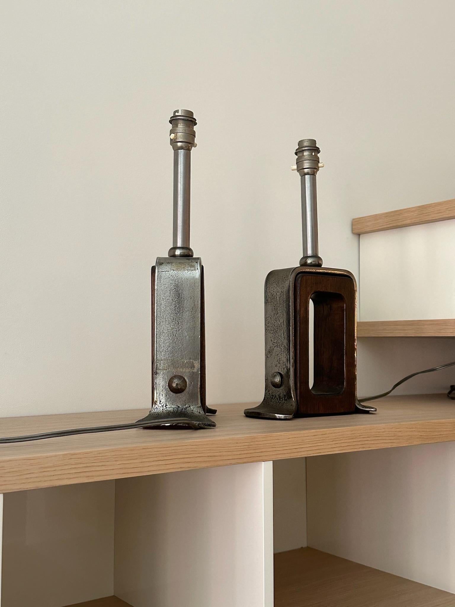 Pair of Swiss Metal and Wood Table Lamps 3