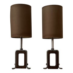 Pair of Swiss Metal and Wood Table Lamps